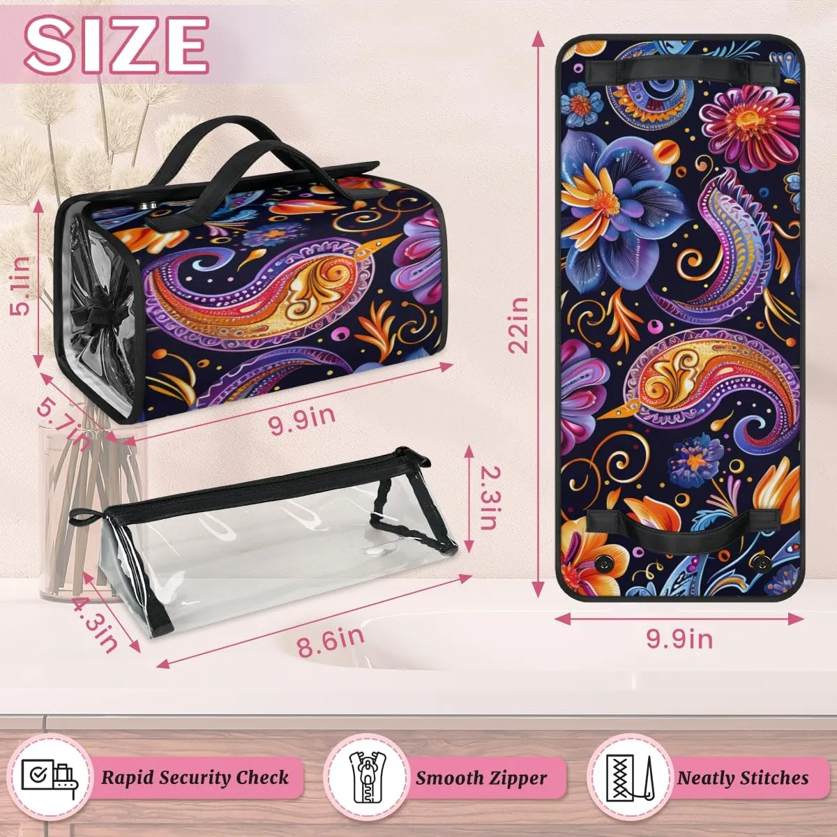 Aztec Purple Foldable Toiletry Bag with Detachable Removable Pouches Hanging 4 in 1 Roll Up Large Makeup Toiletry Organizer Storage Bag with Handle