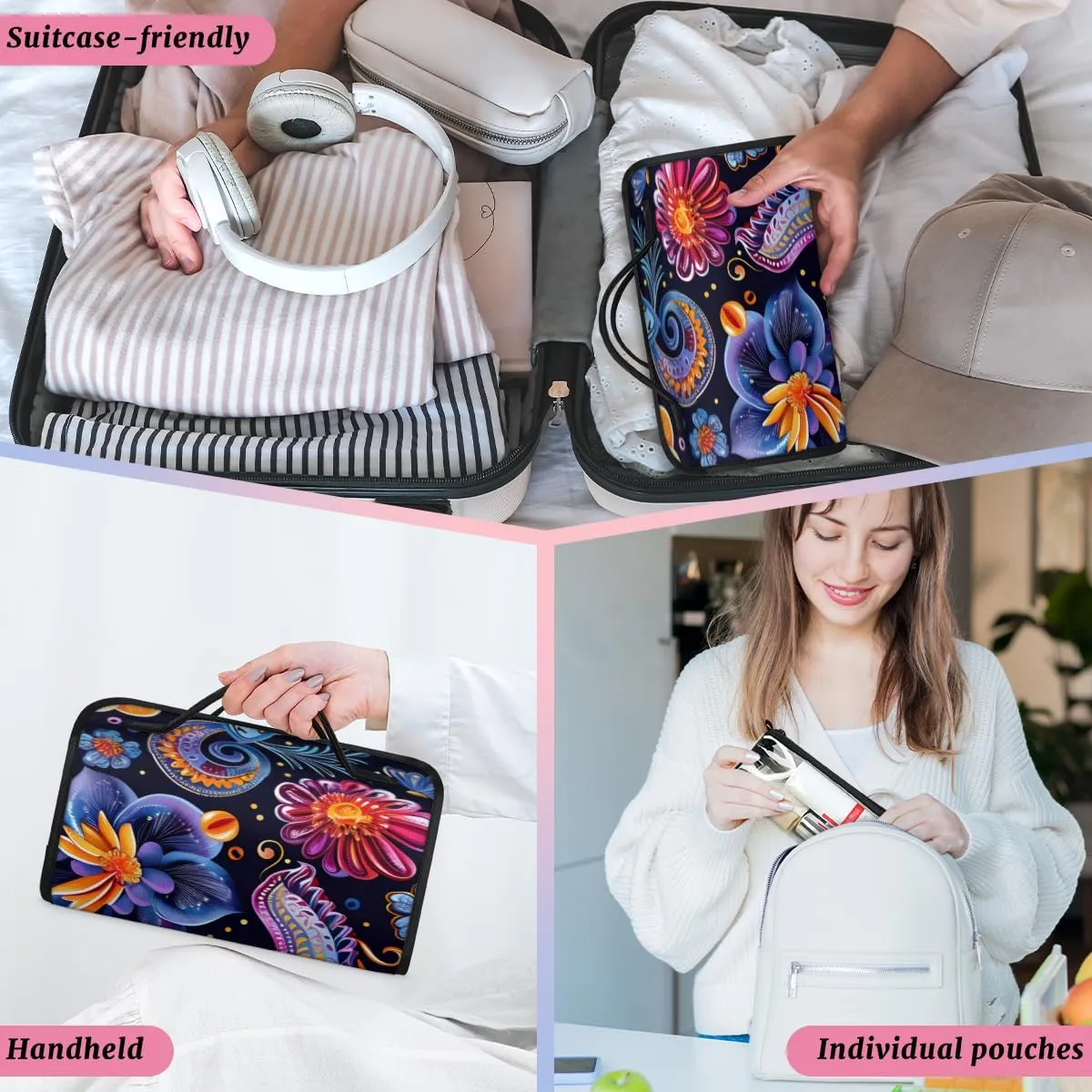 Aztec Purple Foldable Toiletry Bag with Detachable Removable Pouches Hanging 4 in 1 Roll Up Large Makeup Toiletry Organizer Storage Bag with Handle