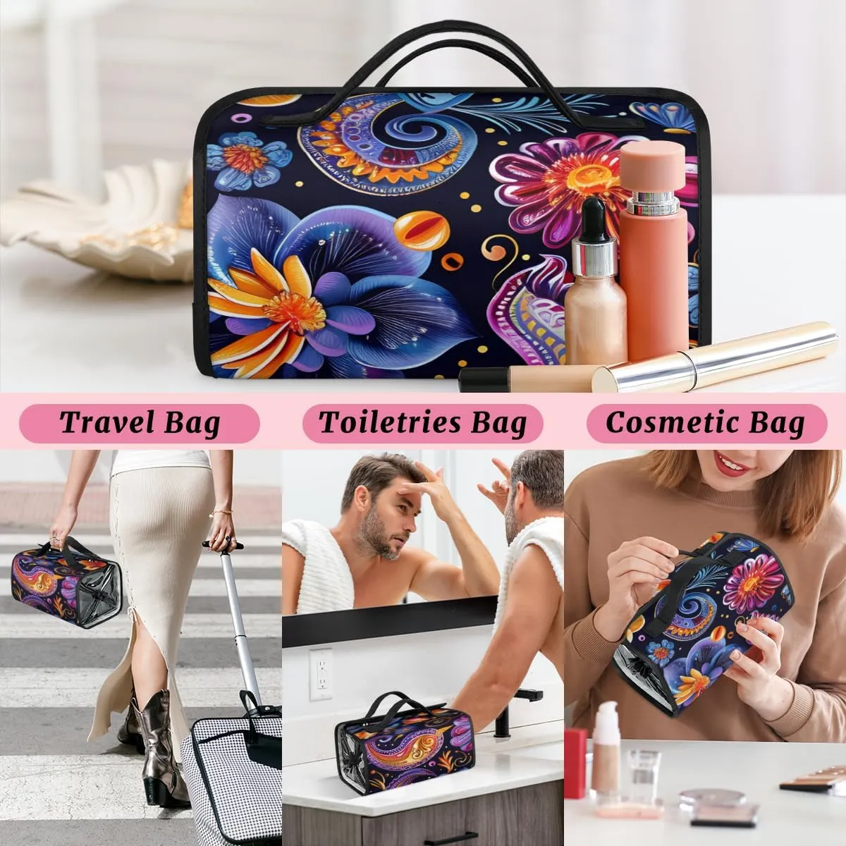Aztec Purple Foldable Toiletry Bag with Detachable Removable Pouches Hanging 4 in 1 Roll Up Large Makeup Toiletry Organizer Storage Bag with Handle
