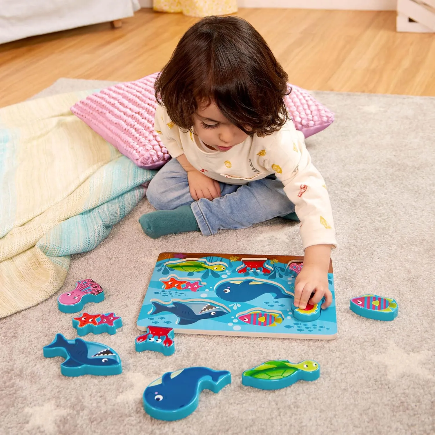 B. toys- Peek & Explore 5-Pack: Bus, Farm, Sea, Space, Dino- Chunky Puzzle 5-Pack – Wooden Puzzles– 8 Pieces Each – 2 Years  