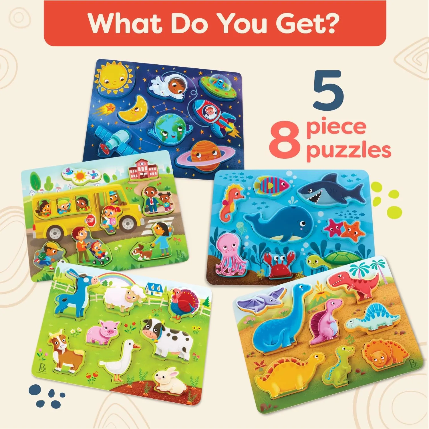 B. toys- Peek & Explore 5-Pack: Bus, Farm, Sea, Space, Dino- Chunky Puzzle 5-Pack – Wooden Puzzles– 8 Pieces Each – 2 Years  