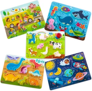 B. toys- Peek & Explore 5-Pack: Bus, Farm, Sea, Space, Dino- Chunky Puzzle 5-Pack – Wooden Puzzles– 8 Pieces Each – 2 Years  