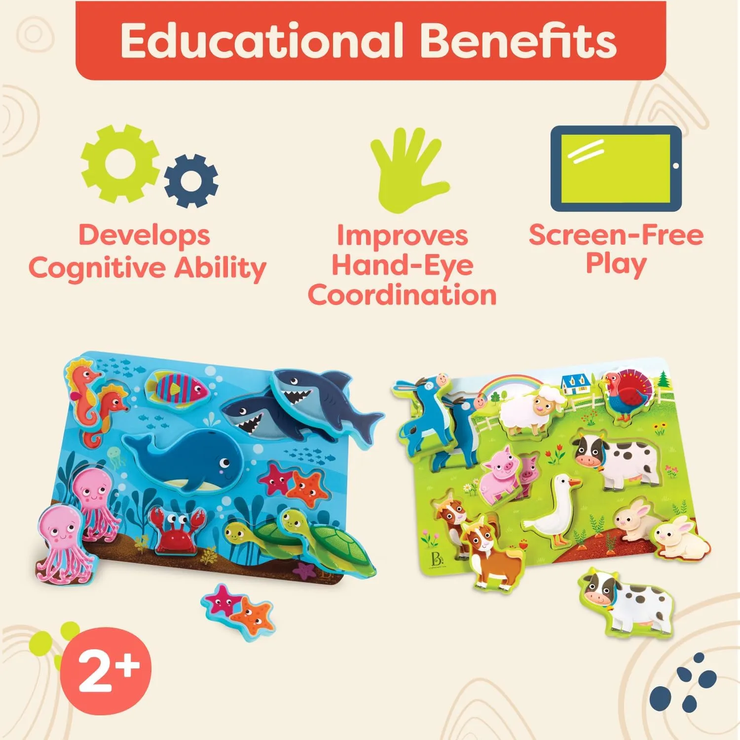B. toys- Peek & Explore 5-Pack: Bus, Farm, Sea, Space, Dino- Chunky Puzzle 5-Pack – Wooden Puzzles– 8 Pieces Each – 2 Years  
