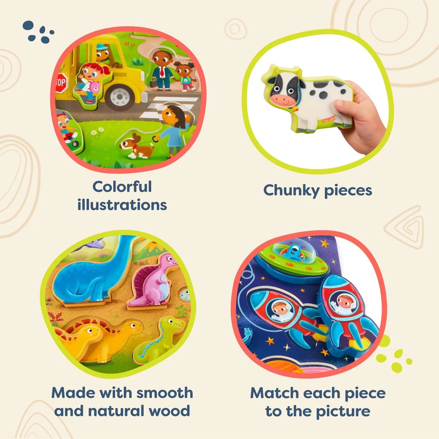 B. toys- Peek & Explore 5-Pack: Bus, Farm, Sea, Space, Dino- Chunky Puzzle 5-Pack – Wooden Puzzles– 8 Pieces Each – 2 Years  