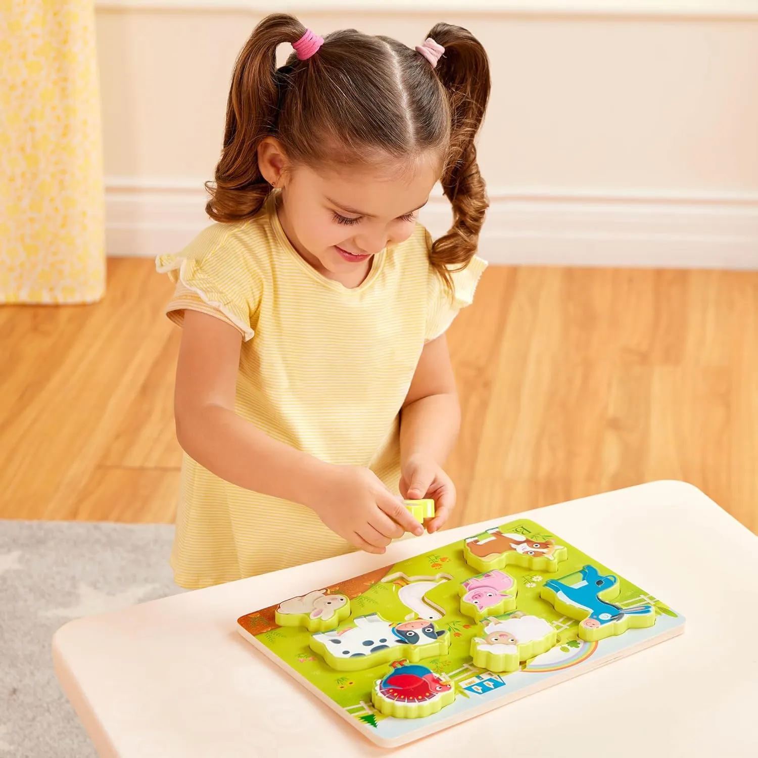 B. toys- Peek & Explore 5-Pack: Bus, Farm, Sea, Space, Dino- Chunky Puzzle 5-Pack – Wooden Puzzles– 8 Pieces Each – 2 Years  
