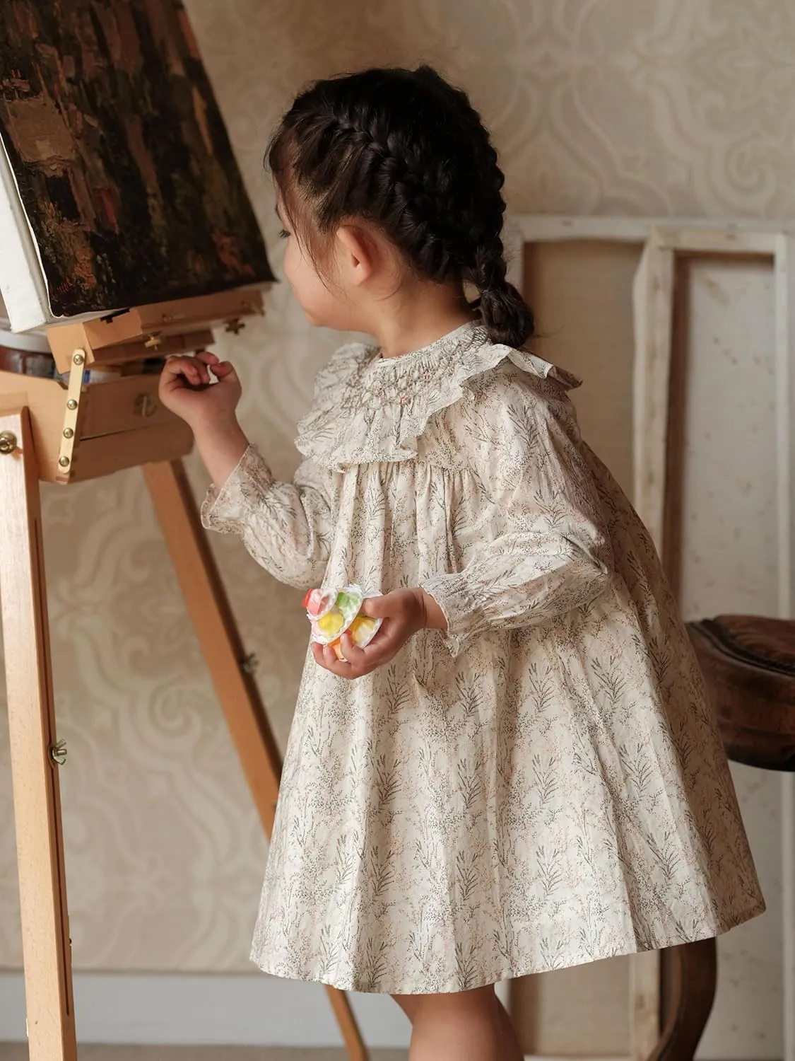Baby Girls Long Sleeve Smocking Clothing Toddler Fall Floral Smocked Dress Vintage Dresses for Christmas Birthday Holiday
