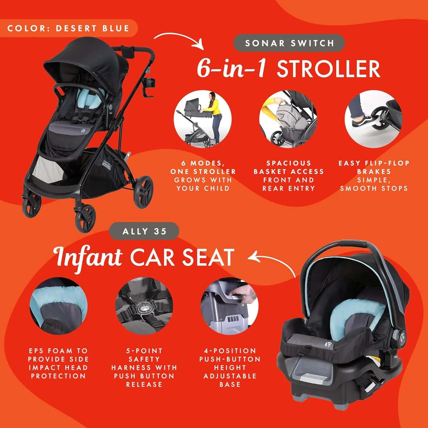 Baby Trend Sonar™ Switch 6-in-1 Modular Stroller Travel System with Ally 35 Infant Car Seat, Desert Blue