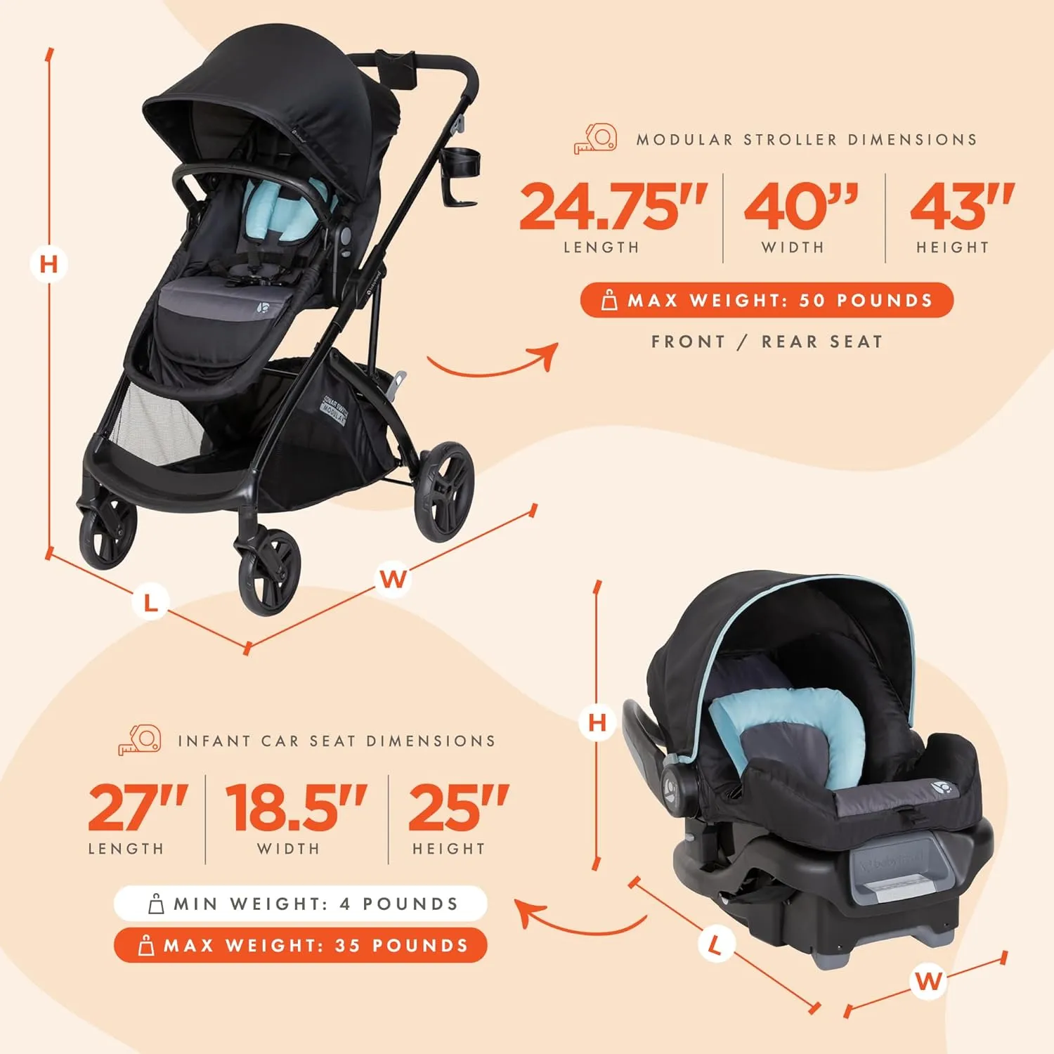 Baby Trend Sonar™ Switch 6-in-1 Modular Stroller Travel System with Ally 35 Infant Car Seat, Desert Blue