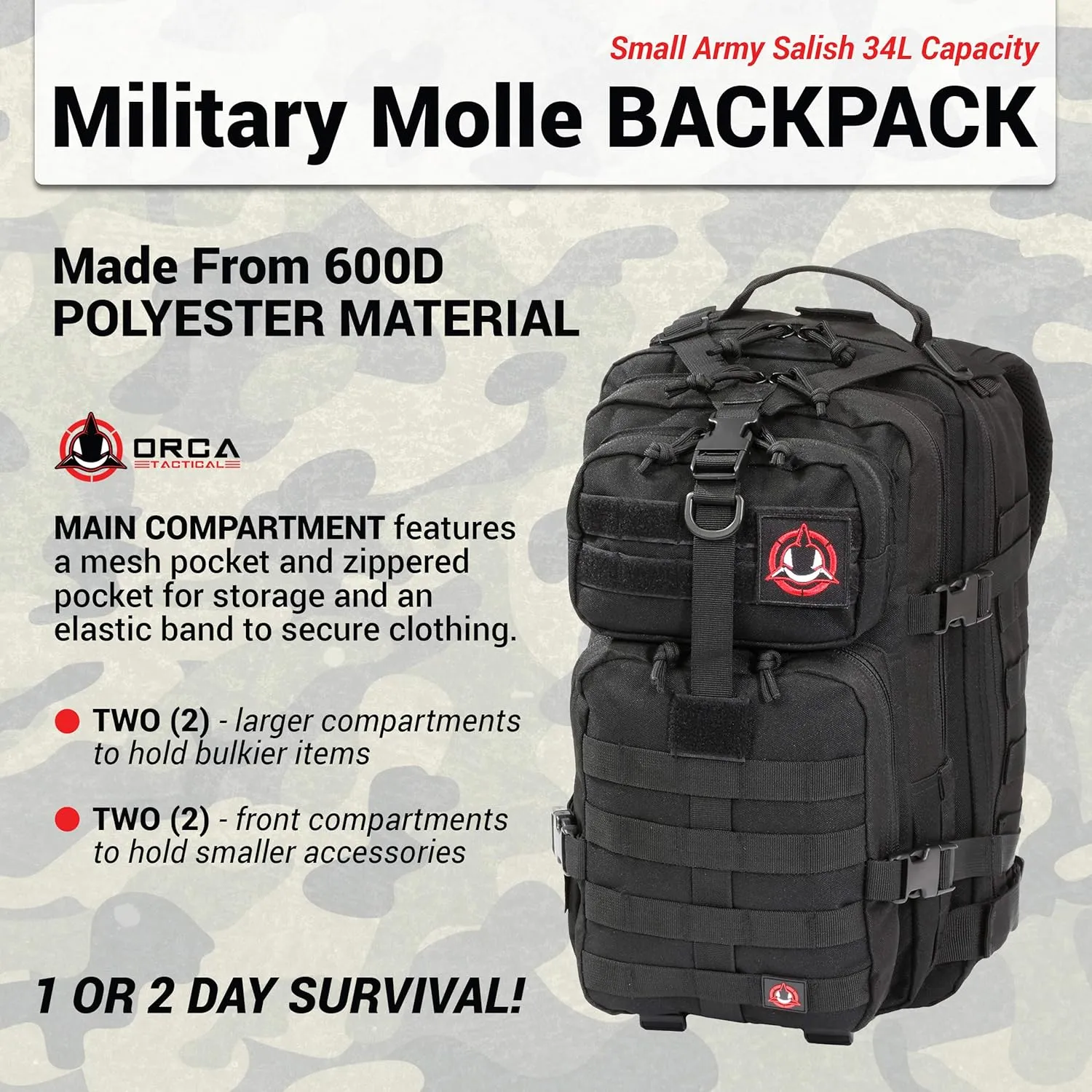 Backpack - 34L Molle Backpack - Military Army Style 1 to 2 Day Assault Pack Rucksack Survival Bag
