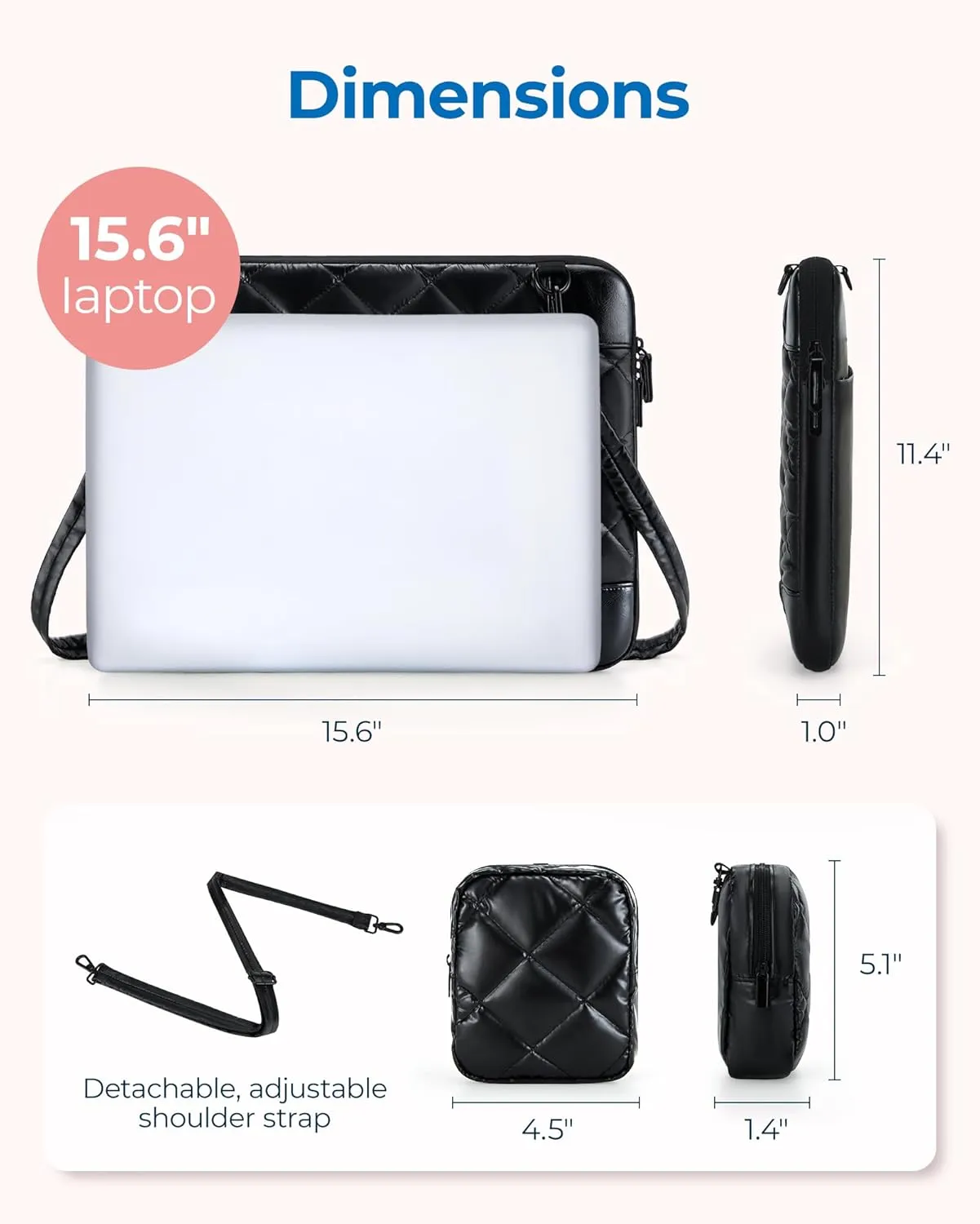 BAGSMART 15-16 Inch Puffy Laptop Sleeve with Strap, Protective Laptop Case with Accessory Bag for Macbook Air/Pro 15.6 Inch, Waterproof Portable Laptop Bag for Women Fitted with Dell HP Lenovo, Black