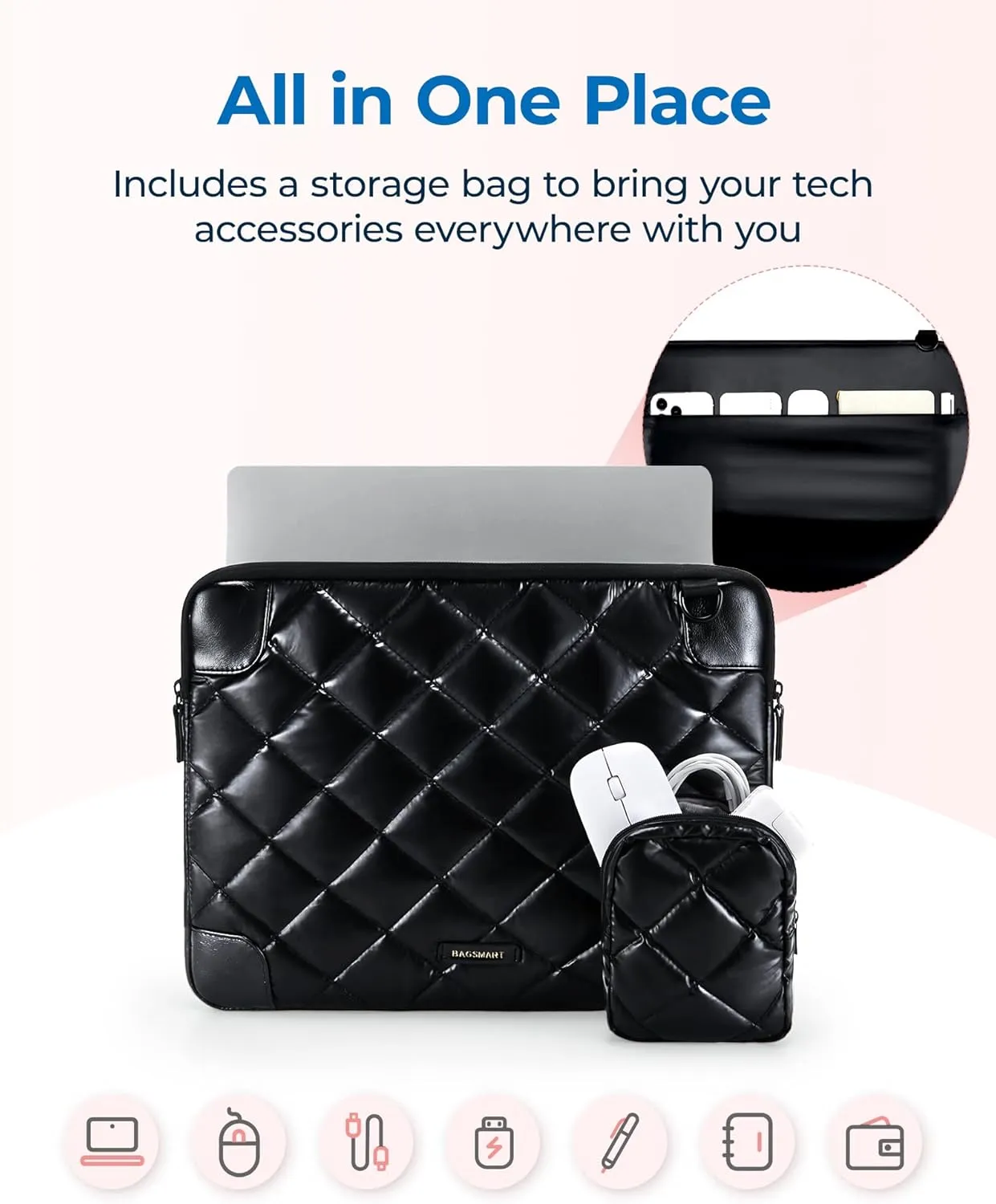 BAGSMART 15-16 Inch Puffy Laptop Sleeve with Strap, Protective Laptop Case with Accessory Bag for Macbook Air/Pro 15.6 Inch, Waterproof Portable Laptop Bag for Women Fitted with Dell HP Lenovo, Black