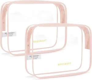 BAGSMART Clear Toiletry Bag, 2 Packs TSA Approved Water Resistant Quart Size Travel Organizer, Airport Airline Travel Essential Carry On Makeup Cosmetic Bags for Women, Nude Pink