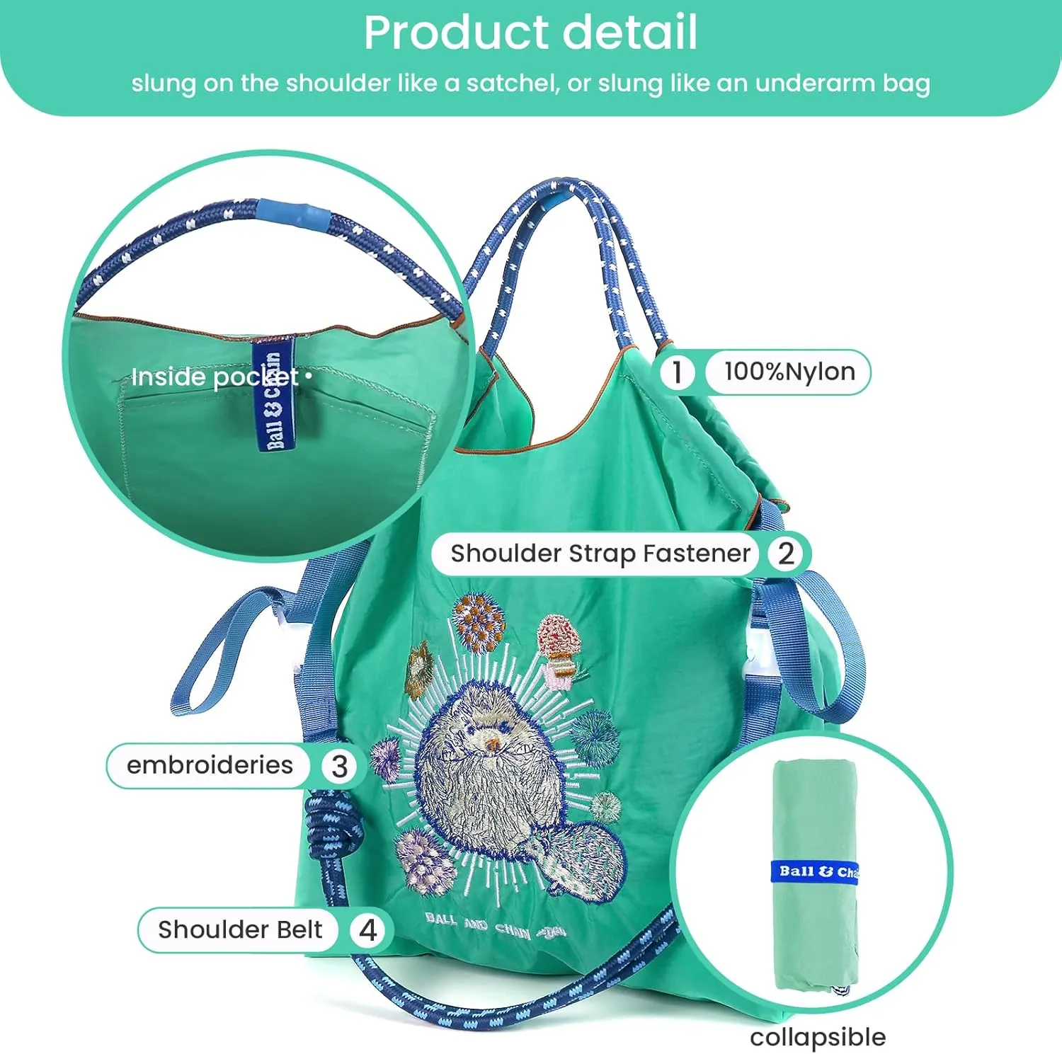 Ball&Chain Stylish Embroidered Nylon Tote Bag for Women - Perfect for Shopping,Travel, Beach, and Ideal Birthday Gift!