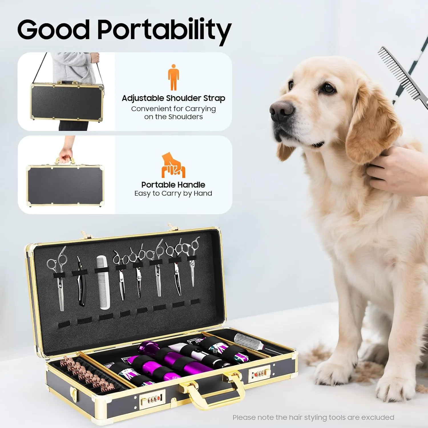 Barber Case Clipper Bag,Professional Portable Barber Travel Carrying Case with Portable Handle＆Secure Numlock for Hair Stylist Pet Groomer Beauty Salon Makeup Artist (Gold 21.7x11x4 in)