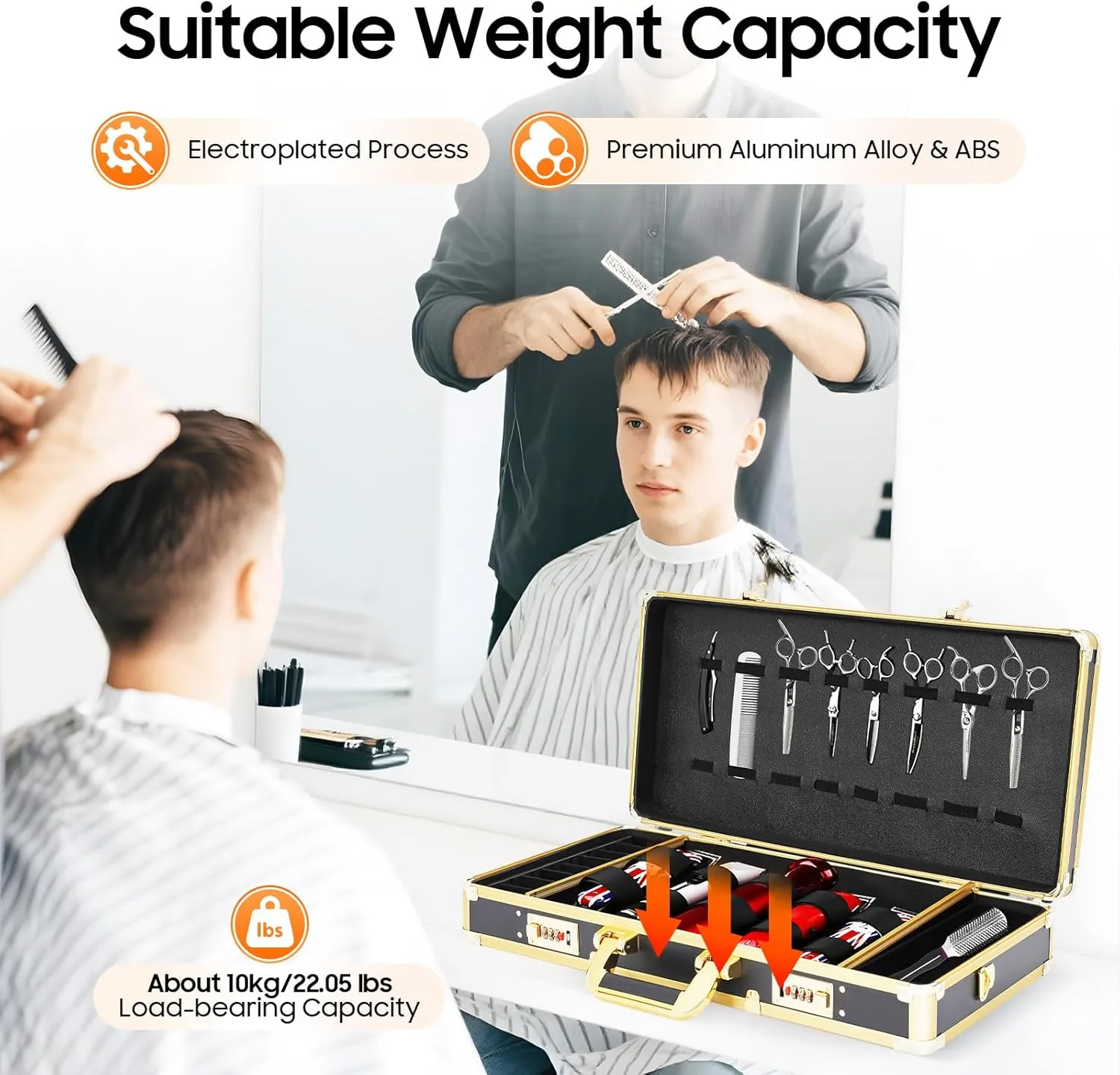 Barber Case Clipper Bag,Professional Portable Barber Travel Carrying Case with Portable Handle＆Secure Numlock for Hair Stylist Pet Groomer Beauty Salon Makeup Artist (Gold 21.7x11x4 in)