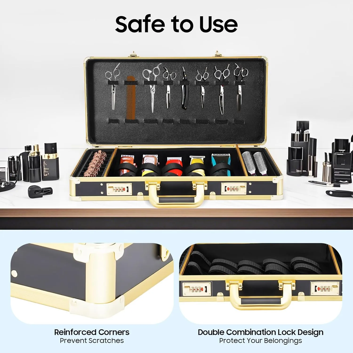 Barber Case Clipper Bag,Professional Portable Barber Travel Carrying Case with Portable Handle＆Secure Numlock for Hair Stylist Pet Groomer Beauty Salon Makeup Artist (Gold 21.7x11x4 in)