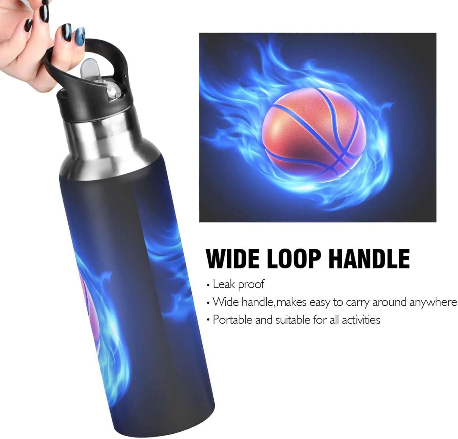 Basketball Blue Fire Water Bottle Leakproof Insulated Stainless Steel Hot Cold Water Flask with Straw Lid for Sports Travel 20 oz