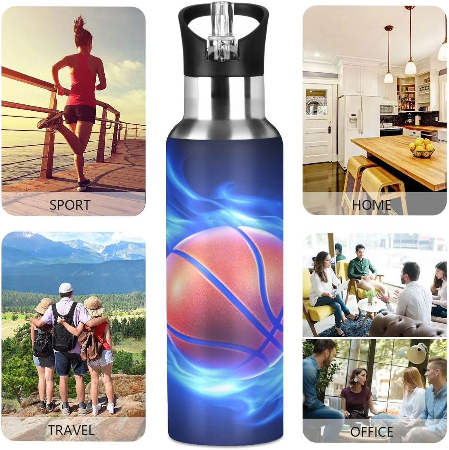 Basketball Blue Fire Water Bottle Leakproof Insulated Stainless Steel Hot Cold Water Flask with Straw Lid for Sports Travel 20 oz