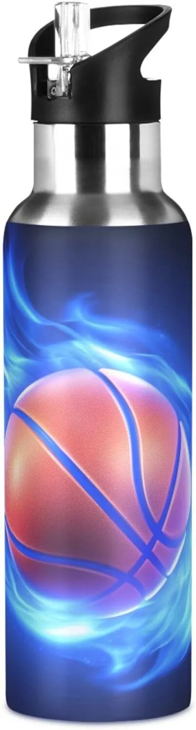 Basketball Blue Fire Water Bottle Leakproof Insulated Stainless Steel Hot Cold Water Flask with Straw Lid for Sports Travel 20 oz