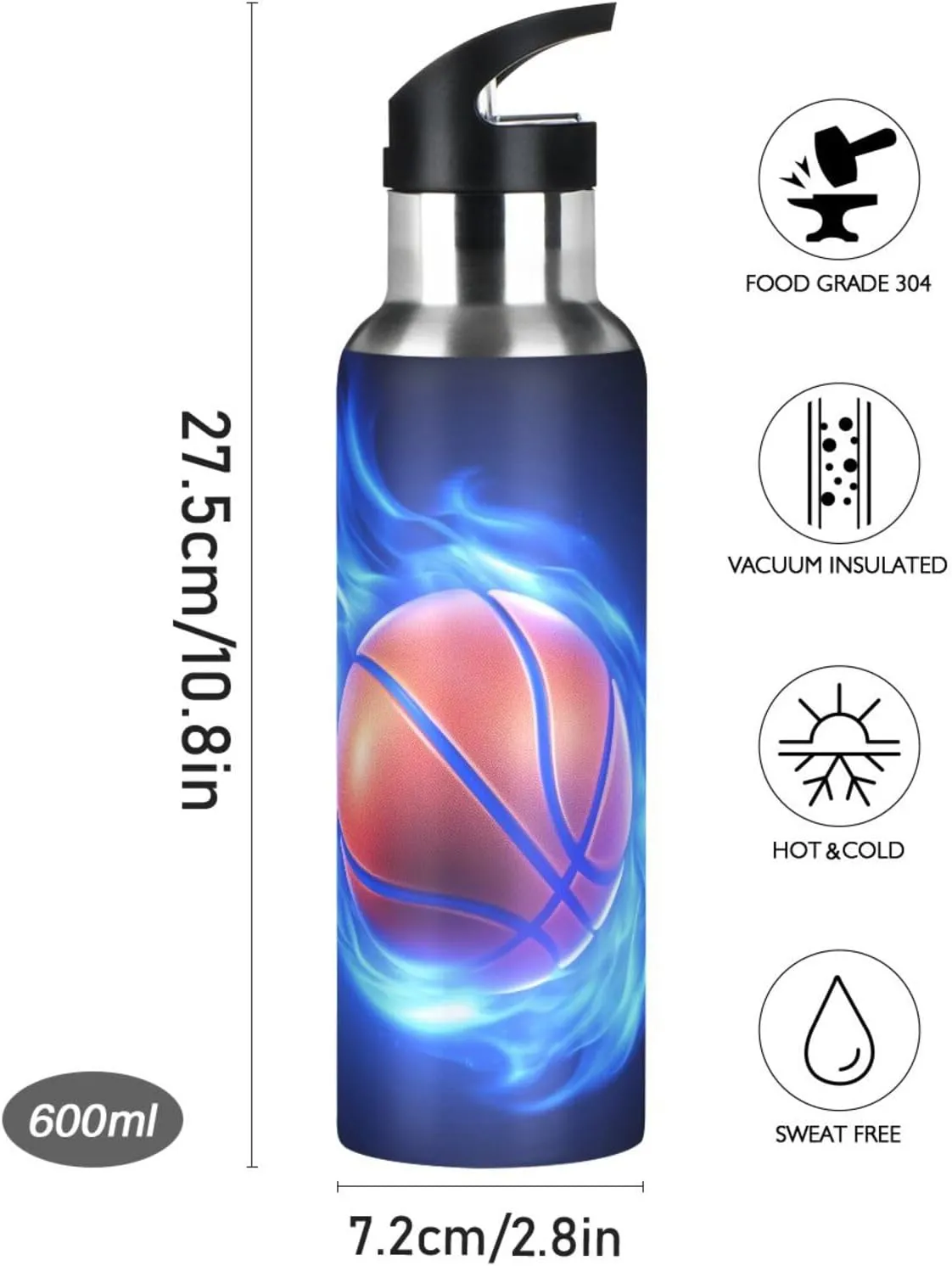 Basketball Blue Fire Water Bottle Leakproof Insulated Stainless Steel Hot Cold Water Flask with Straw Lid for Sports Travel 20 oz