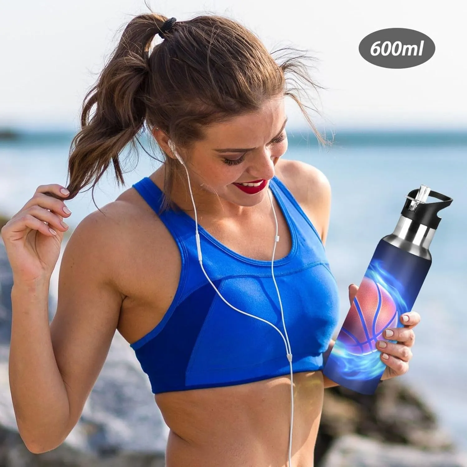 Basketball Blue Fire Water Bottle Leakproof Insulated Stainless Steel Hot Cold Water Flask with Straw Lid for Sports Travel 20 oz