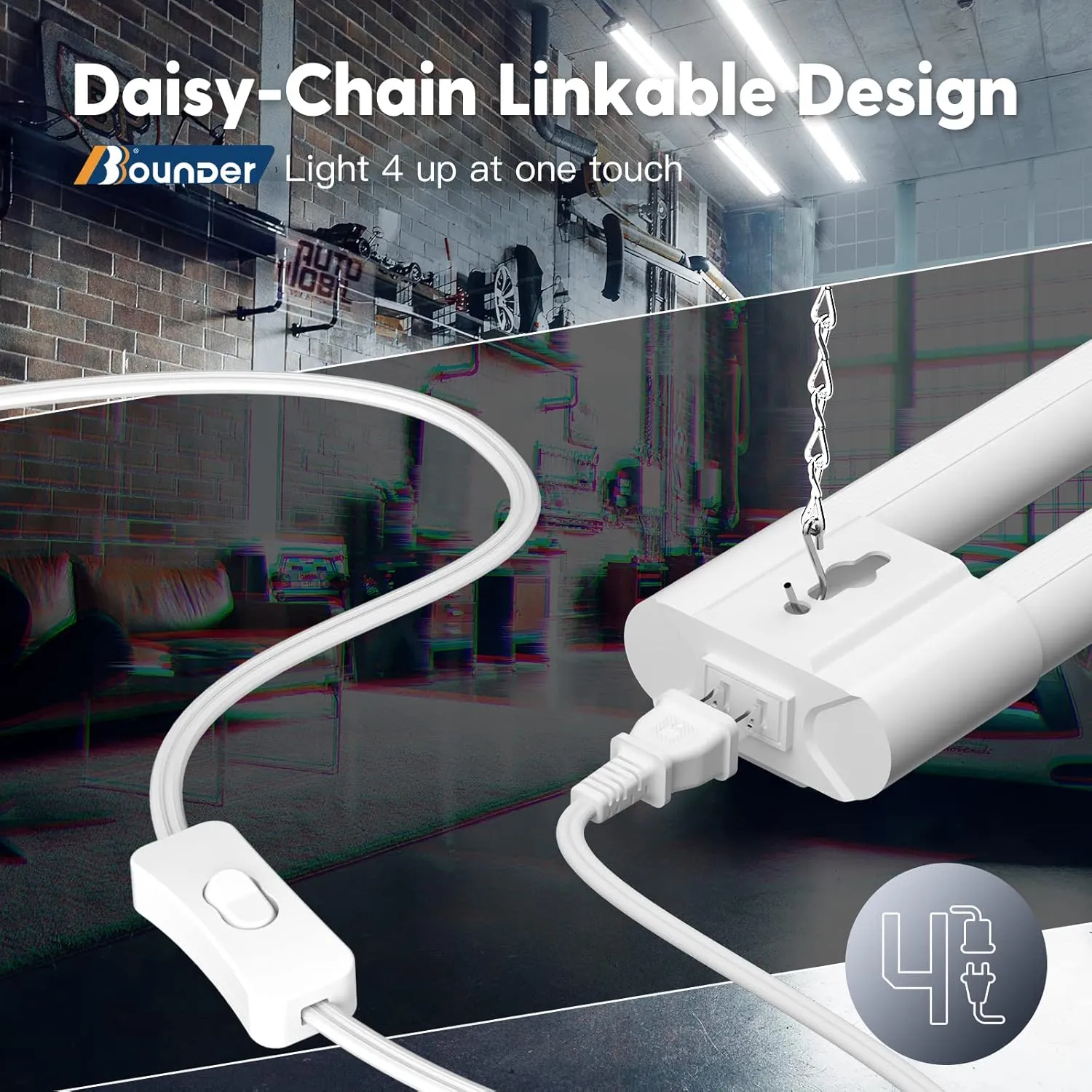 BBOUNDER 4 Pack Linkable LED Utility Shop Light, 4400 LM, Super Bright 6500K Cool Daylight, 4 FT, 48 Inch Integrated Fixture for Garage, 40W Equivalent 250W, Surface   Suspension Mount, White