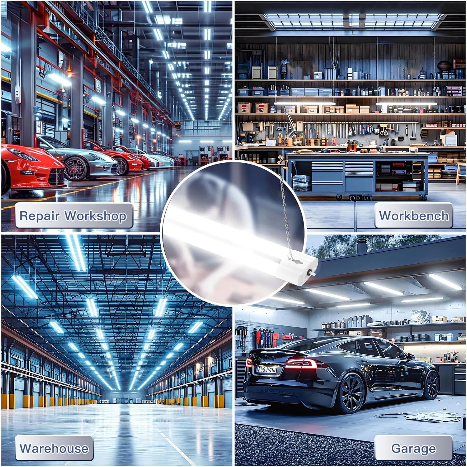 BBOUNDER 4 Pack Linkable LED Utility Shop Light, 4400 LM, Super Bright 6500K Cool Daylight, 4 FT, 48 Inch Integrated Fixture for Garage, 40W Equivalent 250W, Surface   Suspension Mount, White