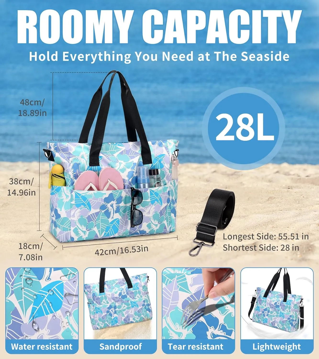Beach Bags for Women, Large Waterproof Sandproof Swim Pool Bag with Dry Wet Seperated Pocket Utility Tote Bag