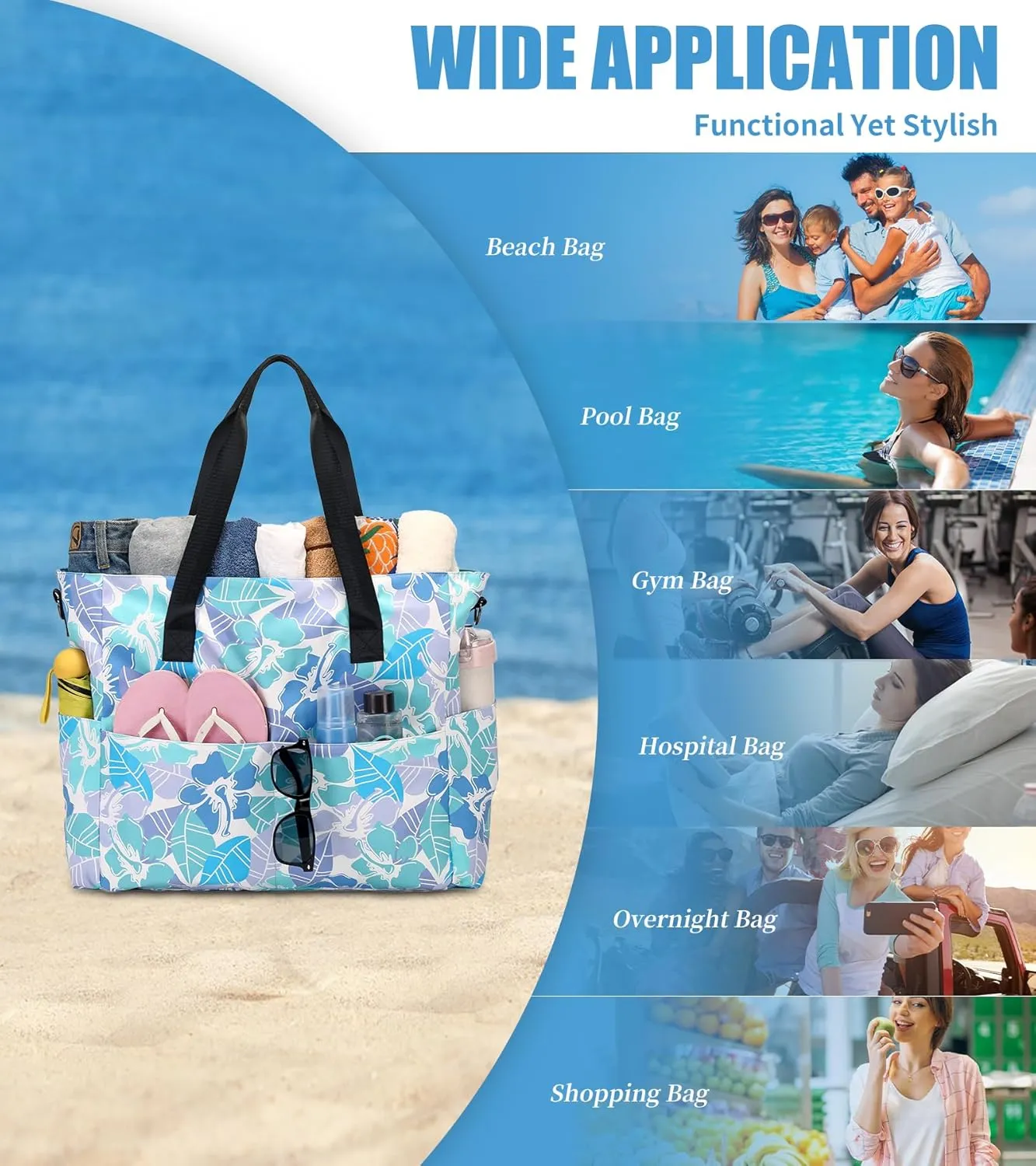 Beach Bags for Women, Large Waterproof Sandproof Swim Pool Bag with Dry Wet Seperated Pocket Utility Tote Bag