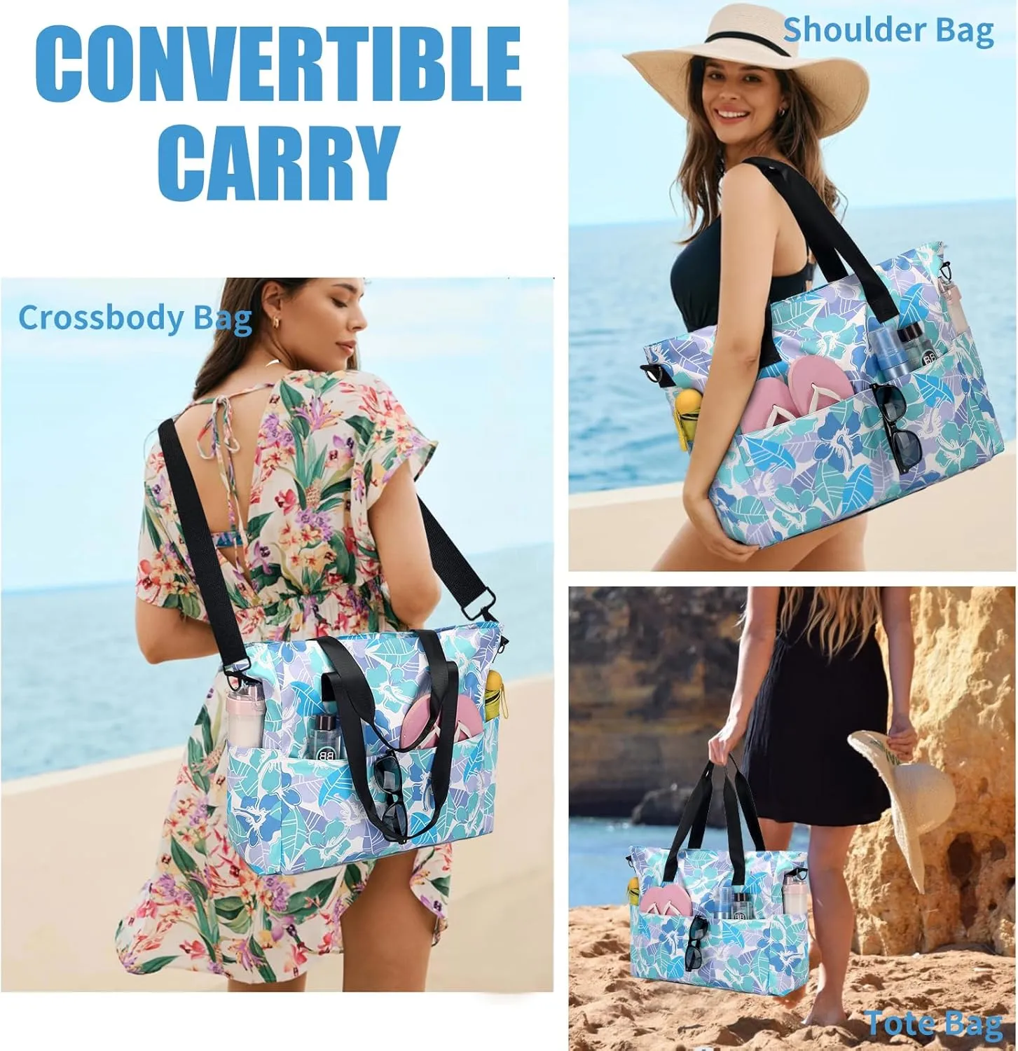 Beach Bags for Women, Large Waterproof Sandproof Swim Pool Bag with Dry Wet Seperated Pocket Utility Tote Bag