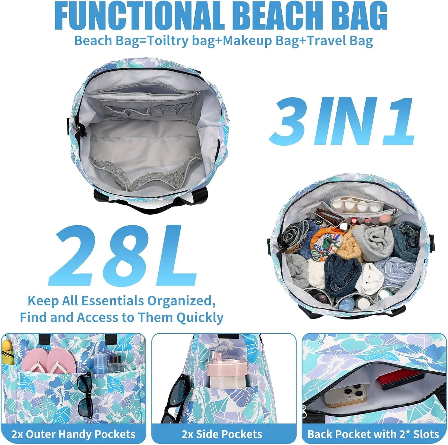 Beach Bags for Women, Large Waterproof Sandproof Swim Pool Bag with Dry Wet Seperated Pocket Utility Tote Bag