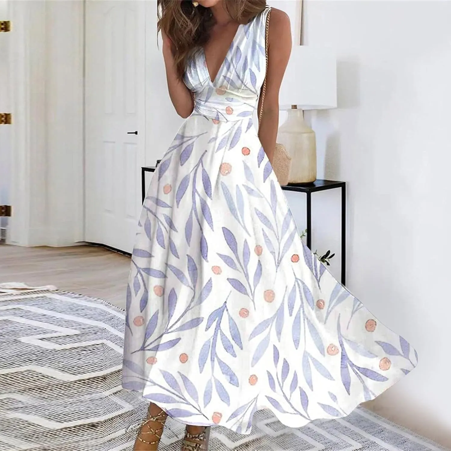 Beach Dresses for Women,Spring Summer Trendy Elegant V Neck Wrap Floral Boho Dress Flowy Ruched Hawaiian Maxi Dress