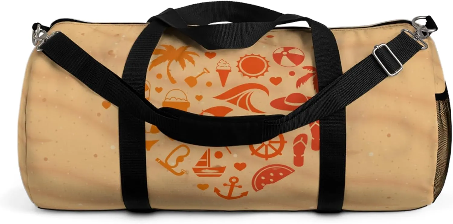 Beach Heart Duffel Bag – Summer Icons on Sandy Background – Lightweight Travel & Gym Bag with Black Straps
