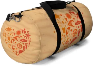 Beach Heart Duffel Bag – Summer Icons on Sandy Background – Lightweight Travel & Gym Bag with Black Straps
