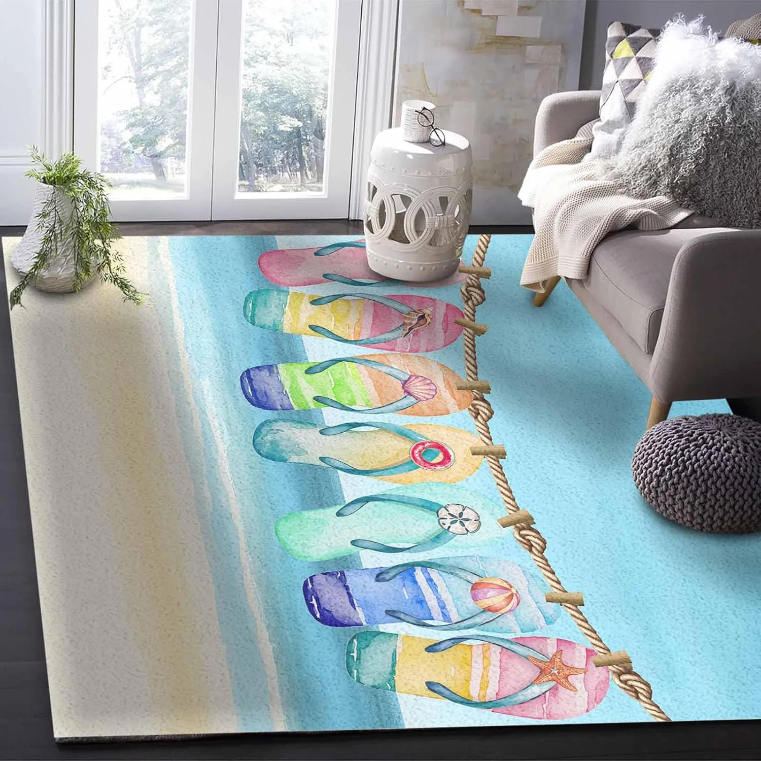 Beach Slippers Area Runner Rug Carpet 5'x8',Summer Ocean Starfish Shell Blue Sky Kitchen Living Room Bathroom Bedroom Classroom Laundry Room Washable Bath Rug,Doormat Desk Welcome Floor Door Mat