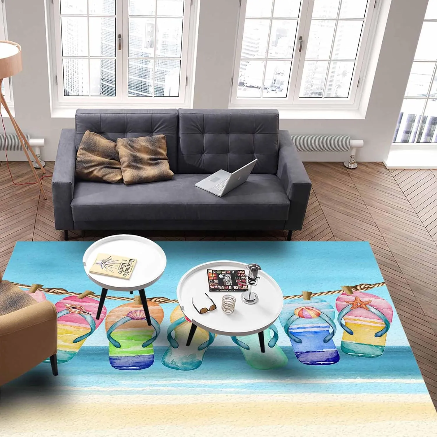 Beach Slippers Area Runner Rug Carpet 5'x8',Summer Ocean Starfish Shell Blue Sky Kitchen Living Room Bathroom Bedroom Classroom Laundry Room Washable Bath Rug,Doormat Desk Welcome Floor Door Mat