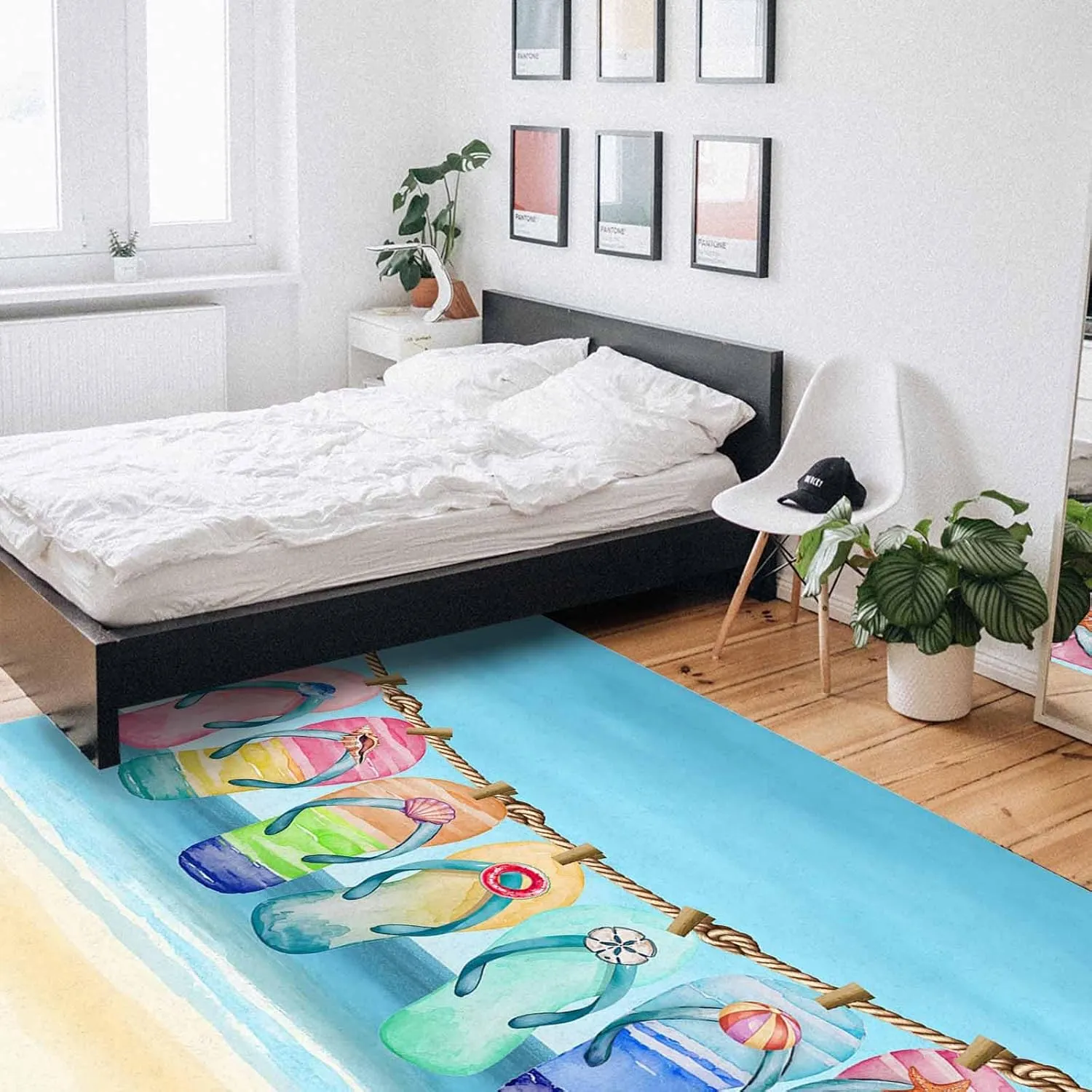 Beach Slippers Area Runner Rug Carpet 5'x8',Summer Ocean Starfish Shell Blue Sky Kitchen Living Room Bathroom Bedroom Classroom Laundry Room Washable Bath Rug,Doormat Desk Welcome Floor Door Mat