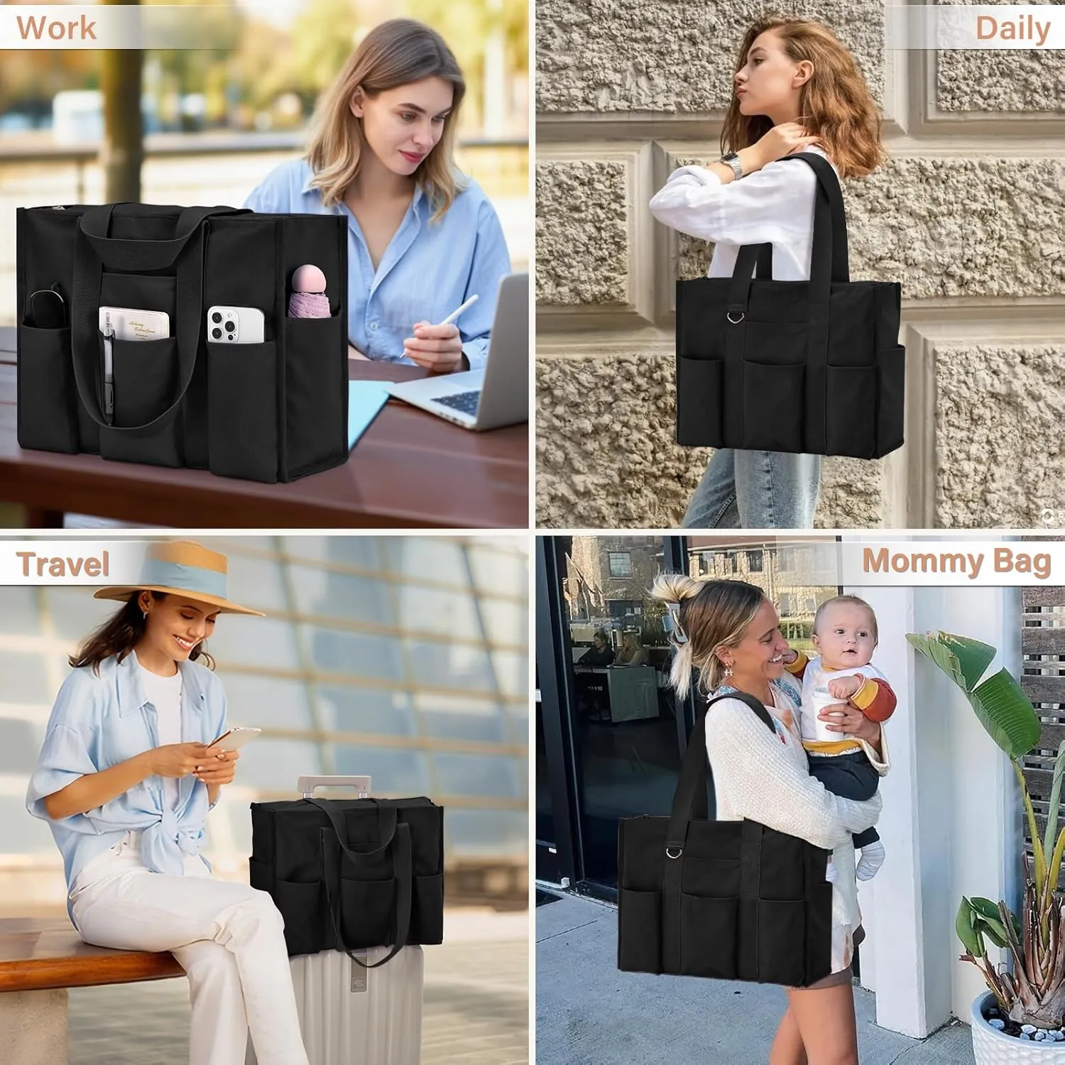 Becokan Large Tote Bag for Women Waterproof with 12 Pockets Top Zipper Closure Utility Teacher Nurse Bags for Work School