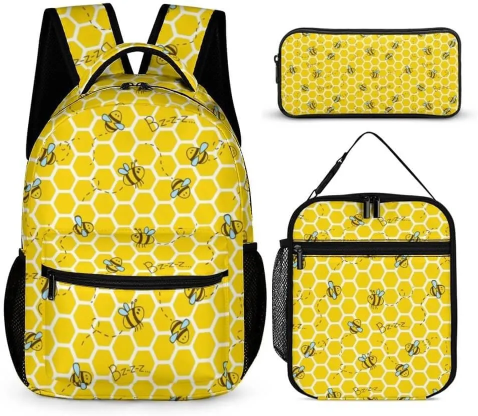 Bee Backpack with Lunch Box & Pencil Case, 16 Inch Cute Bee Themed Bookbag, Adjustable Lightweight Large Capacity, Colorful Bee Backpack Set for Kids Girls Boys School