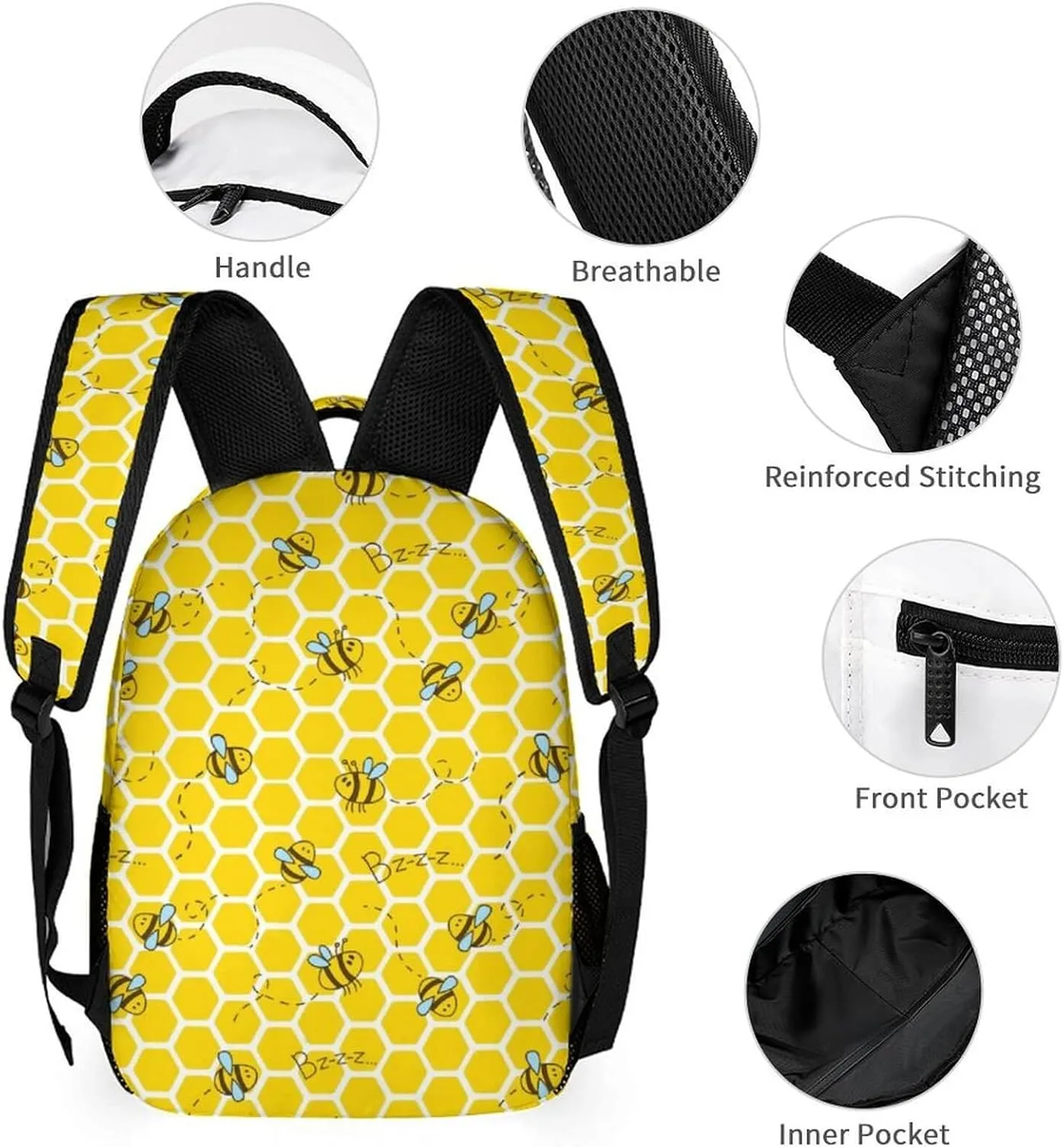 Bee Backpack with Lunch Box & Pencil Case, 16 Inch Cute Bee Themed Bookbag, Adjustable Lightweight Large Capacity, Colorful Bee Backpack Set for Kids Girls Boys School