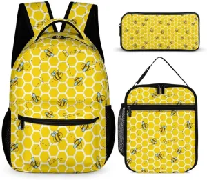 Bee Backpack with Lunch Box & Pencil Case, 16 Inch Cute Bee Themed Bookbag, Adjustable Lightweight Large Capacity, Colorful Bee Backpack Set for Kids Girls Boys School