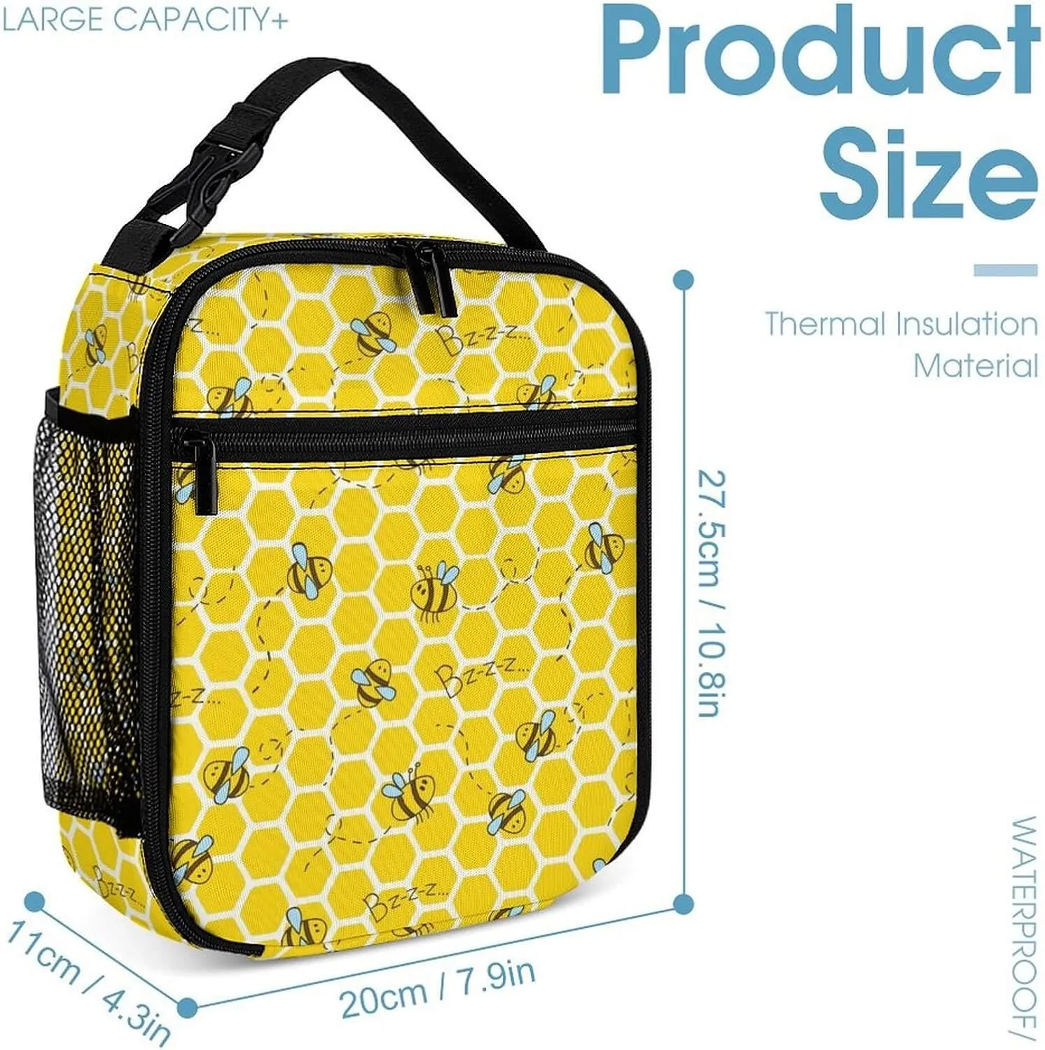 Bee Backpack with Lunch Box & Pencil Case, 16 Inch Cute Bee Themed Bookbag, Adjustable Lightweight Large Capacity, Colorful Bee Backpack Set for Kids Girls Boys School