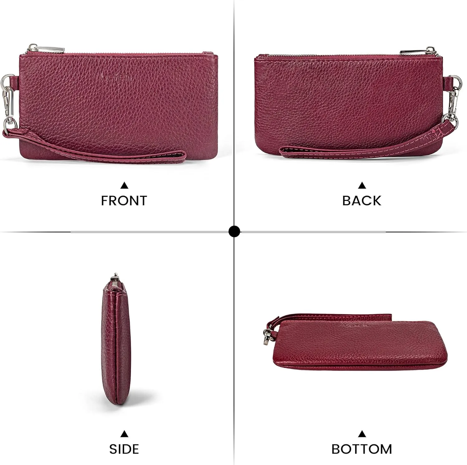 befen Genuine Leather Wristlet Coin Purse, Small Italian Leather Zipper Wallet Pouch for Women 6.75 x 3.75