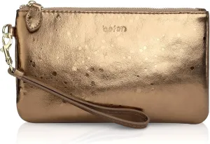 befen Women's Genuine Italian Leather Wristlet Clutch Wallet Purse, Gold Zipper