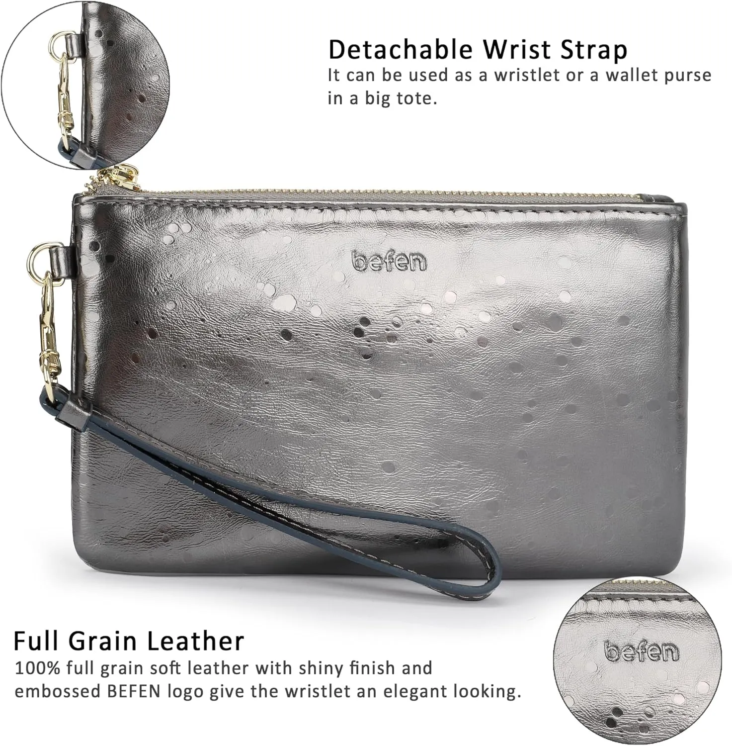 befen Women's Genuine Italian Leather Wristlet Clutch Wallet Purse, Gold Zipper