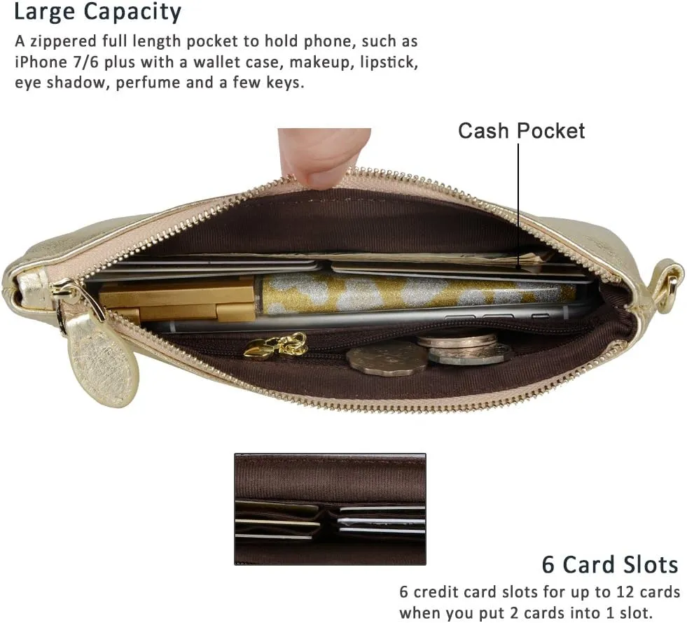 befen Women's Genuine Italian Leather Wristlet Clutch Wallet Purse, Gold Zipper