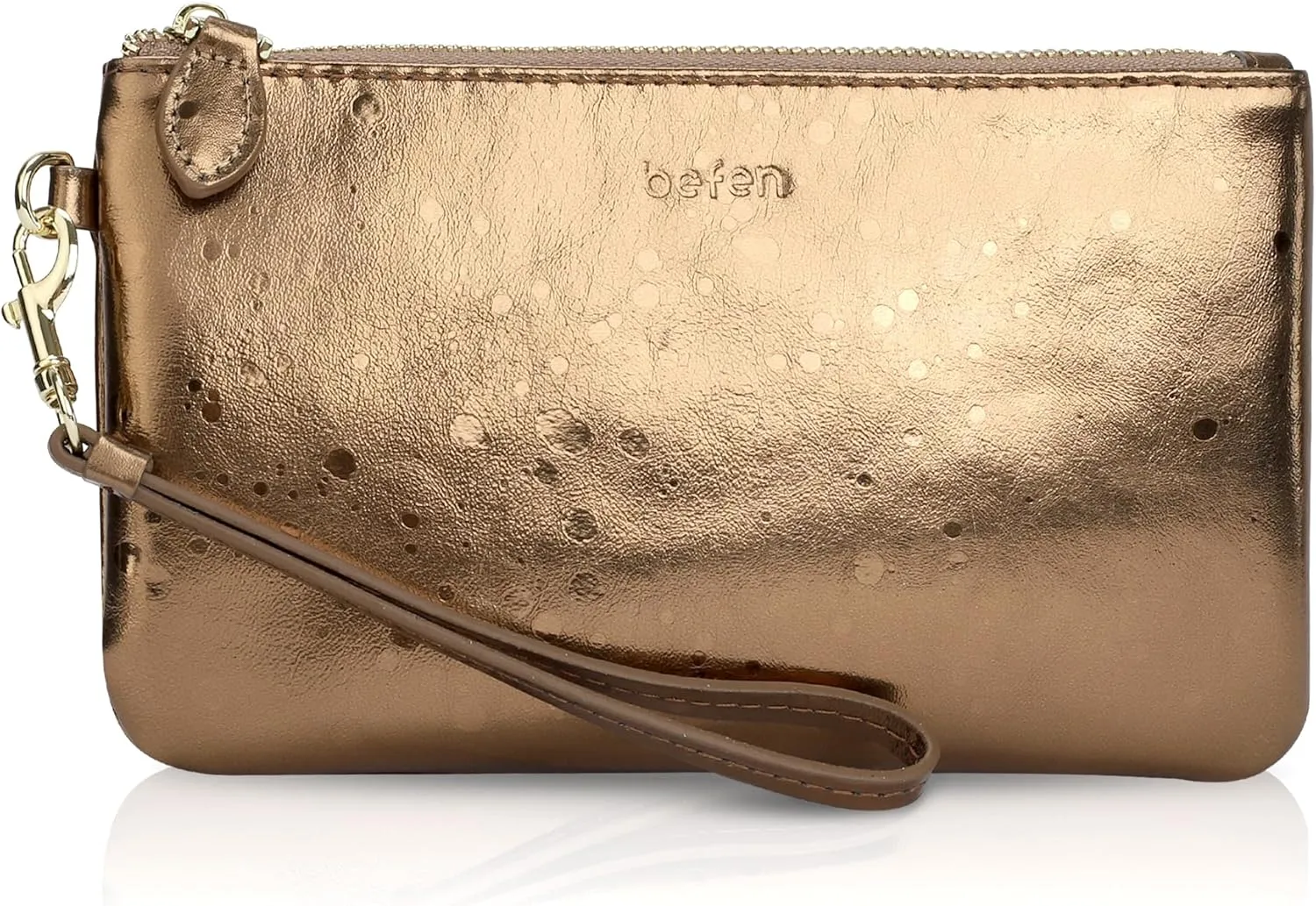befen Women's Genuine Italian Leather Wristlet Clutch Wallet Purse, Gold Zipper