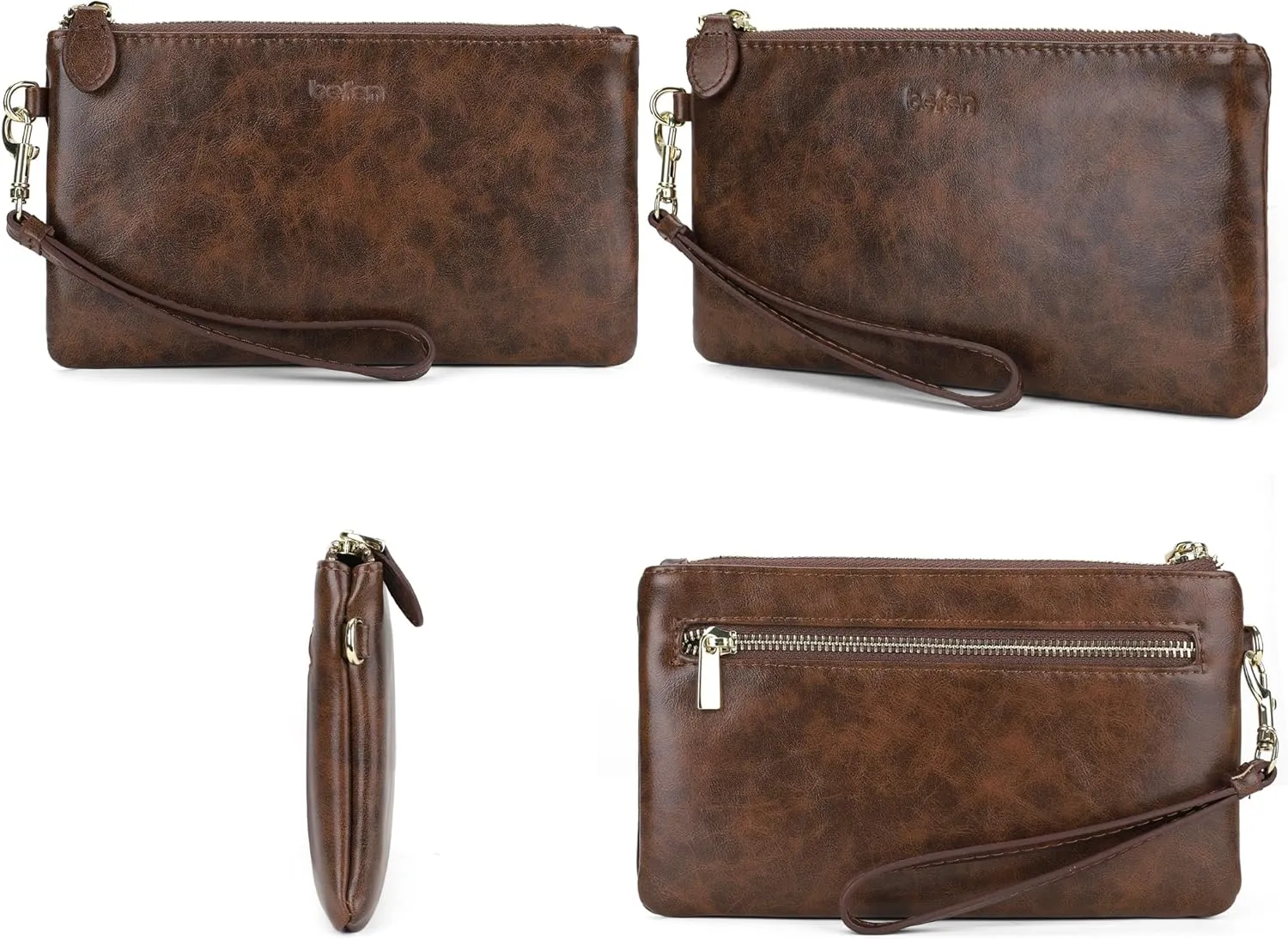 befen Women's Genuine Italian Leather Wristlet Clutch Wallet Purse, Gold Zipper