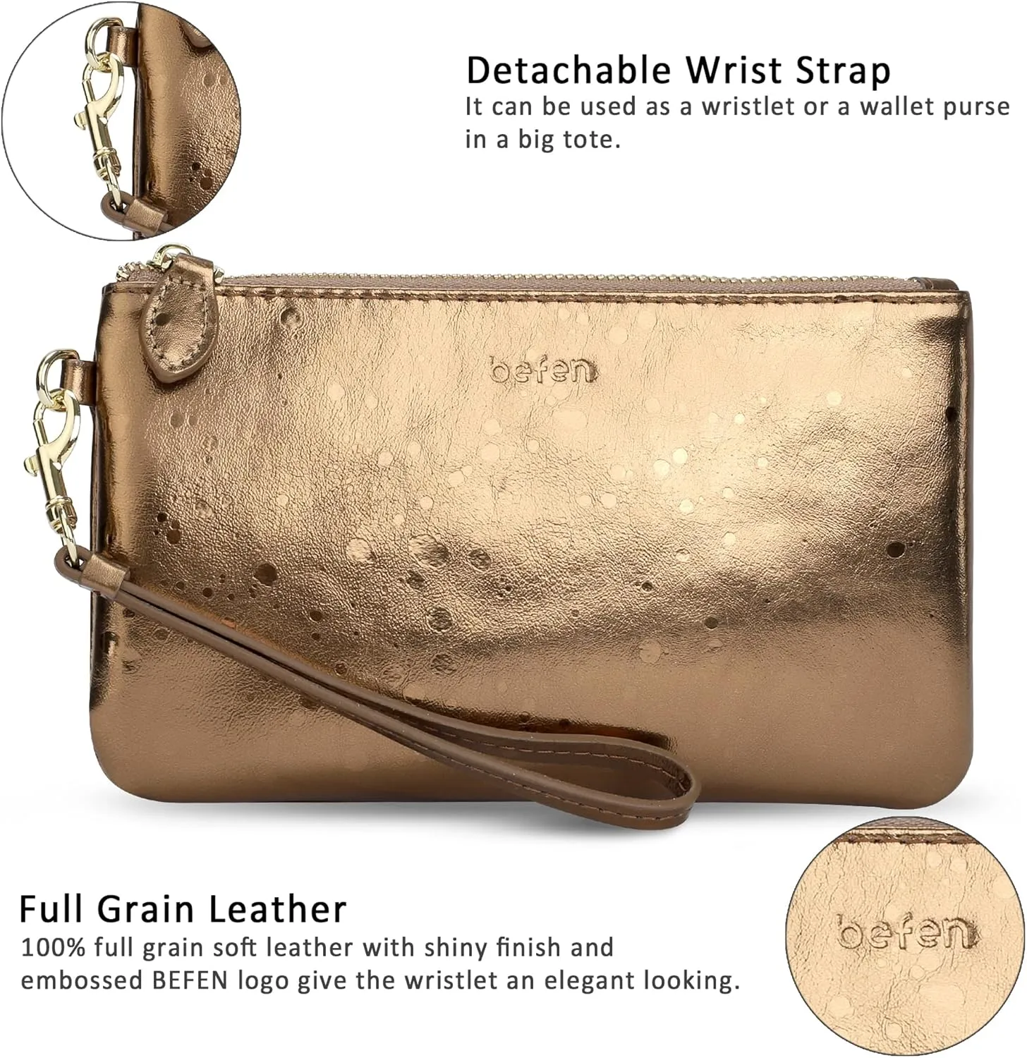 befen Women's Genuine Italian Leather Wristlet Clutch Wallet Purse, Gold Zipper