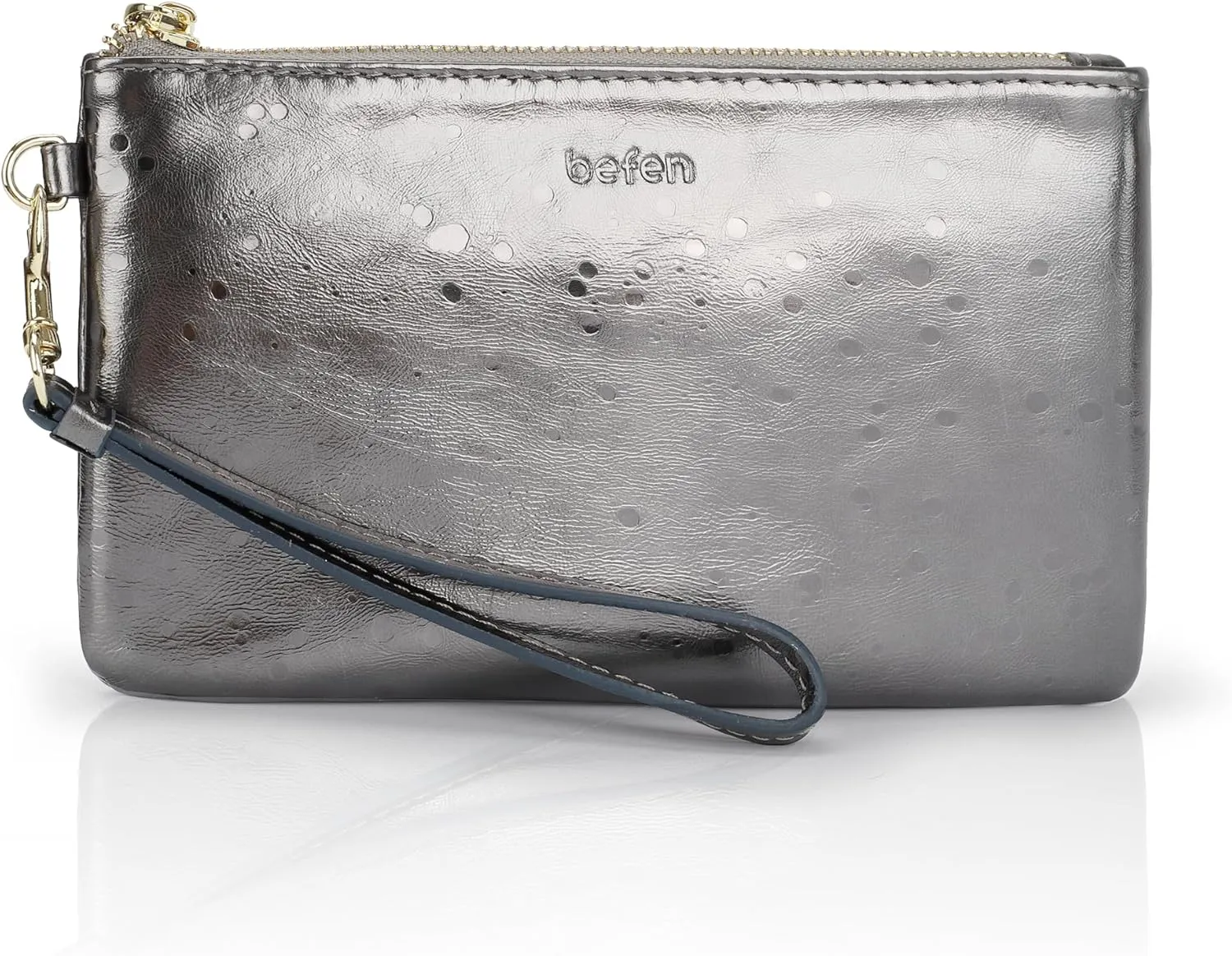 befen Women's Genuine Italian Leather Wristlet Clutch Wallet Purse, Gold Zipper